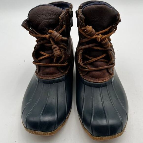 Sperry Saltwater Duck Boots Womens Size 7 Brown Leather Navy Rubber STS91175 - Picture 10 of 14